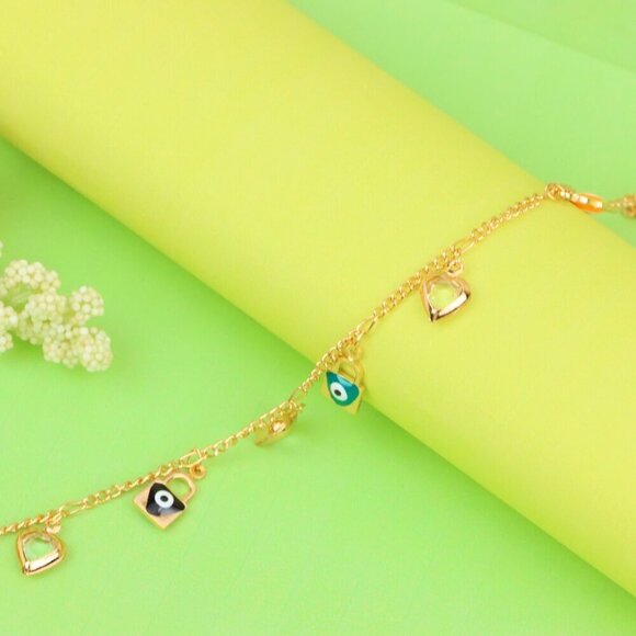 "Rose Gold Evil Eye & Heart Charm Anklet in Gold Plated Brass, XPAL1193 - Picture 8 of 12